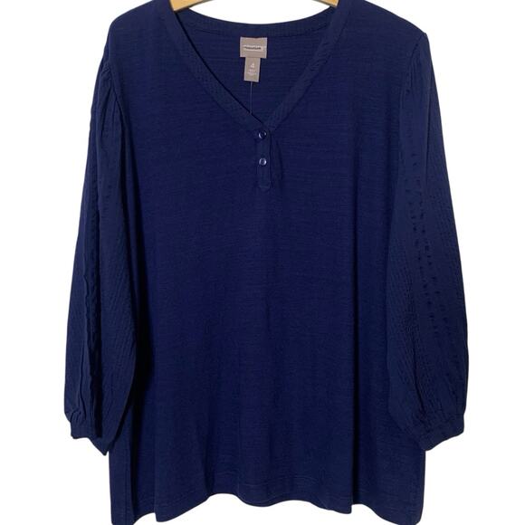 Chico’s Top Size 4 Woven Elbow Sleeve V Henley Pullover 3/4 Sleeve Midnight NWT - Picture 1 of 6